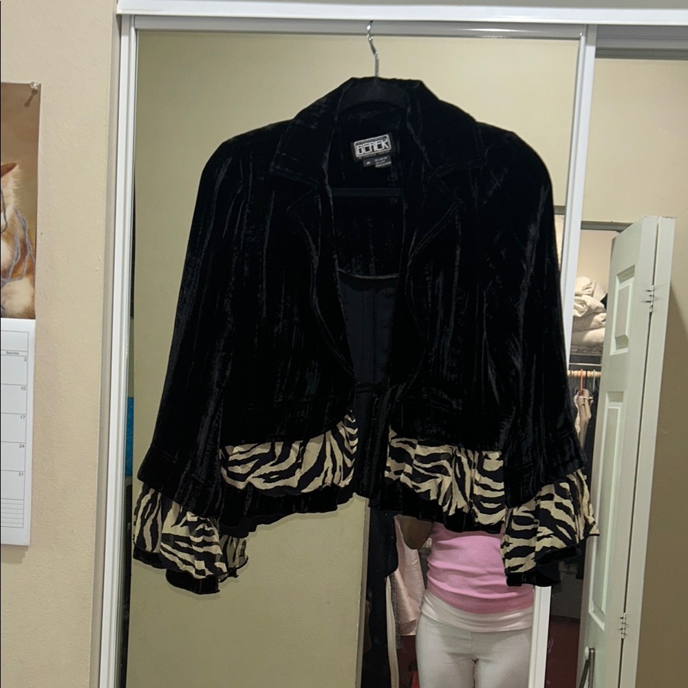 Betsey Johnson Black Velvet Blazer with Animal Print Cuffs